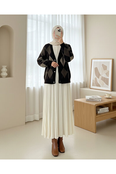 Modamorfo Buttoned Square Patterned Double Layer Knit Cardigan -K. Brown