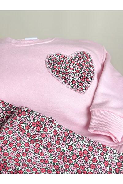 Pinkitokids Flower Printed Heart Detailed Sweatshirt and Leggings Set