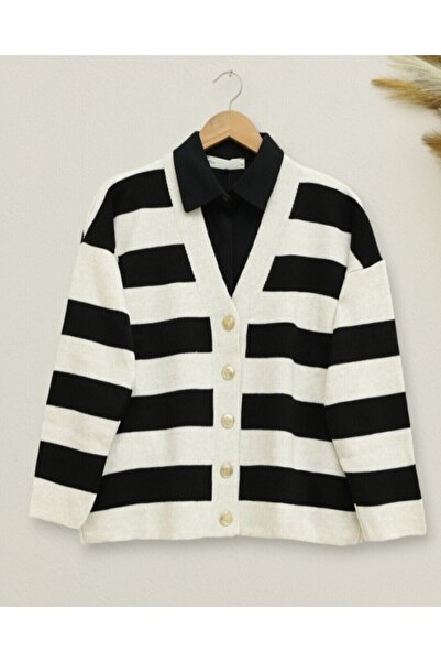 Modamorfo Thick Striped Araboy Knitwear Cardigan -Stone