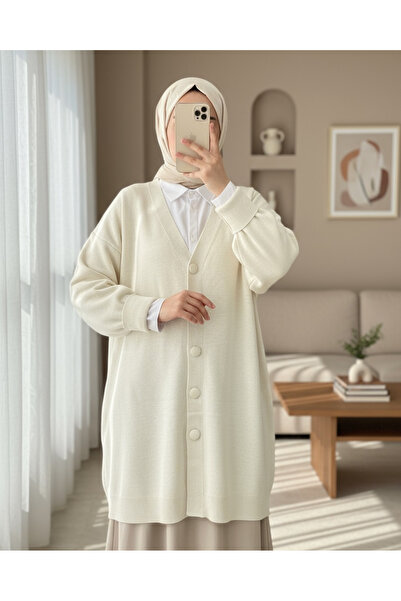Modamorfo Buttoned Winter Hijab Knitwear Cardigan -Stone