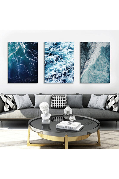 KOLAJTASARIM Mavi Okyanus Köpüren Dalgalar Üç Parçalı Kanvas Tablo Seti