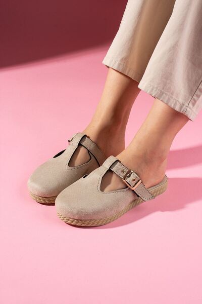 FUGA MODA Sabrosa Beige Suede Buckle Front Closed Women's Slippers