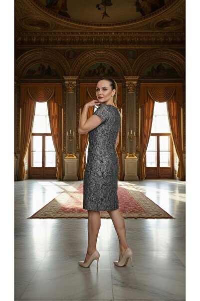 Nidya Moda Women's Black Glitter Plated Lace Vako Evening Dress-4035ss