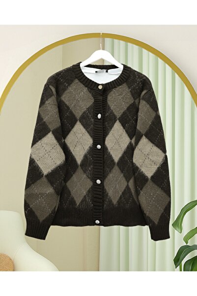 Modamorfo Buttoned Square Patterned Double Layer Knit Cardigan -K. Brown