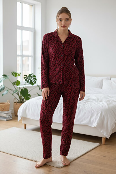 Ladnie iç giyim Leopard Red Suede Pajama Set