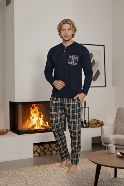 bie's Чоловічий темно-синій картатий малюнок, еластична бавовна, довгі рукави, зимовий інтерлок, кишені на грудях, піжамний комплект