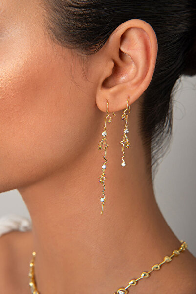 SOCIETA Altın Uzun ve sallantılı kristal taş detaylı 925 ayar gümüş küpe 34