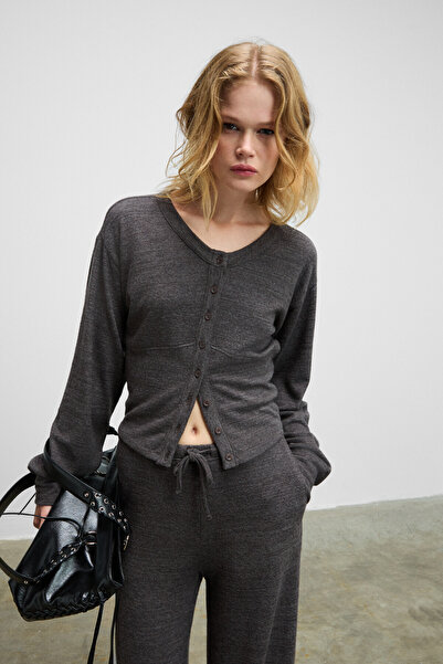 GRIMELANGE Clarita Women's Soft and Flexible Fabric Fitted Waist Buttoned Crop Dark Gray Cardigan