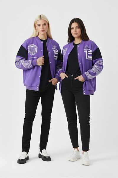 NEWLAKER Unisex Oversize Purple Printed Bomber College Jacket