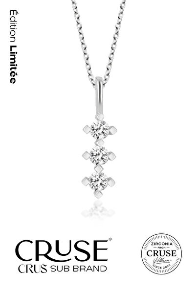 Cruse 925 Ayar Gümüş Lumière du Temps Üç Taş Kolye 18 Ayar Beyaz Altın Kaplam...