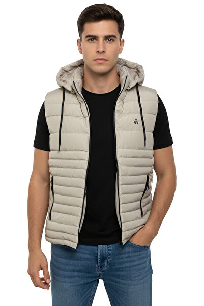 THE WOOW Men's Hooded Cream Puffer Vest - Zippered, with Pockets