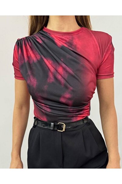 Modamorfo Derék- és vállrészen ráncolt batikolt mintás Sendy blúz - Piros