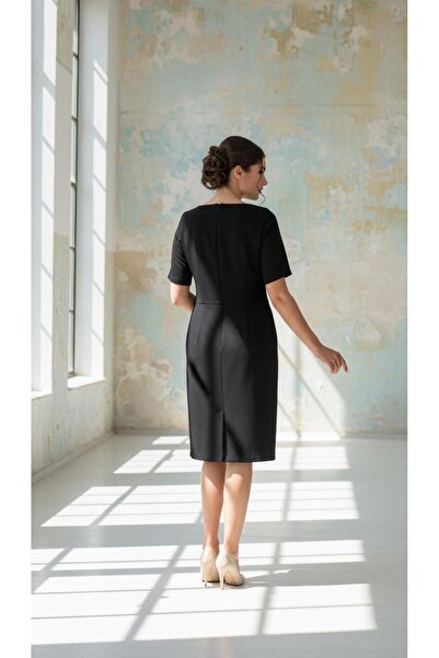 Nidya Moda Plus Size Women's Black Front Wave Spiral Lace Combination Evening Dress-4162S