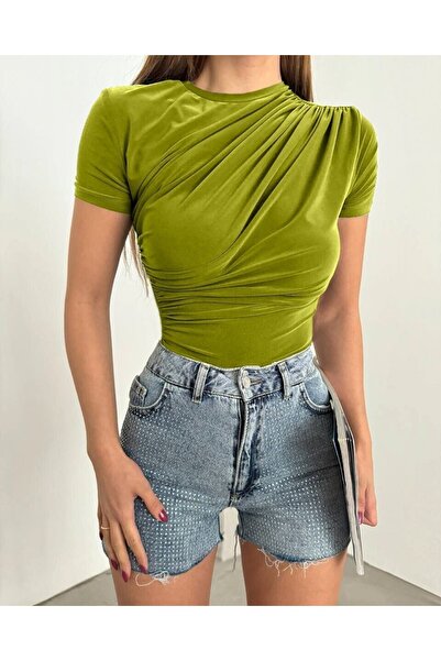 Modamorfo Cross Gathered Short Sleeve Sandy Blouse - Oil Green