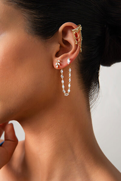 SOCIETA Altın Yaprak ve kristal taş detaylı 925 ayar gümüş küpe 33