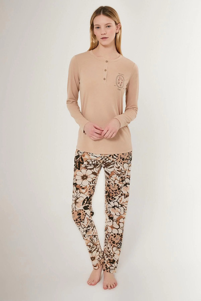 Arnetta Nap Time Is Happy - Light Brown Women's Long Sleeve Pajama Set