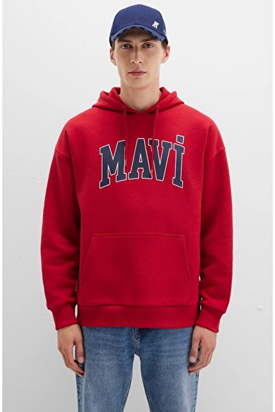 Mavi 067149 Logo Printed Men's Hooded Sweatshirt Red