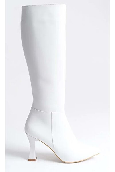 Kocamanlar Ayakkabı Feles Below-The-Knee Heeled Pointed Toe Women's Boots White