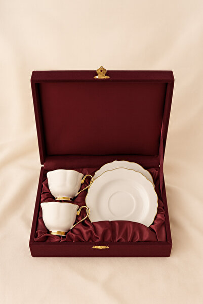 esdekor Porselen Bone China Krem Gold 75 ml 2 Adet Türk Kahve Fincan Set Yald...