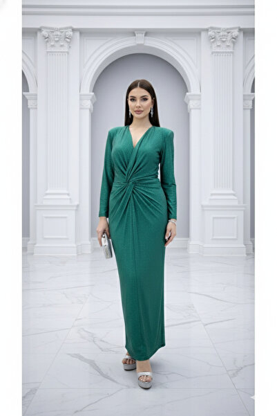 CAREZZA Starlight - Draped Stone Stretch Fabric Emerald Evening Dress
