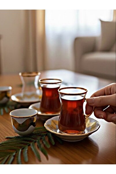 DECOSTYLE 18 Parça 6 Kişilik Çay ve Mırra Takımı - Cam Bardaklı Porselen Taba...