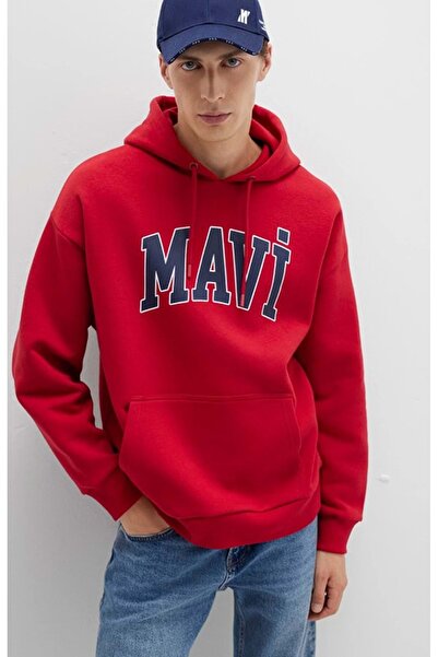 Mavi 067149 Logo Printed Men's Hooded Sweatshirt Red