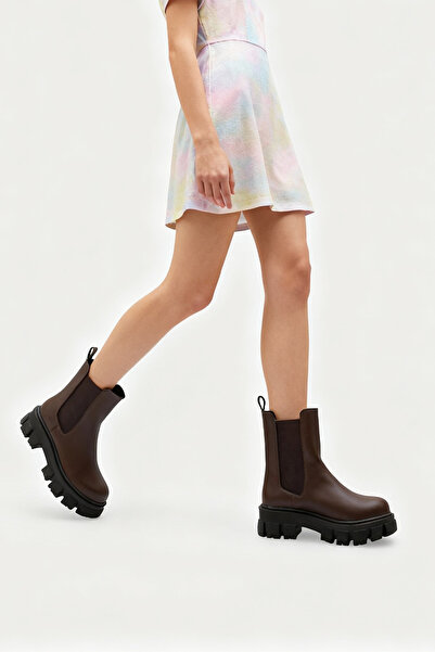 meyra'nın ayakkabıları Women's Brown Leather Elastic Thick Sole Boots