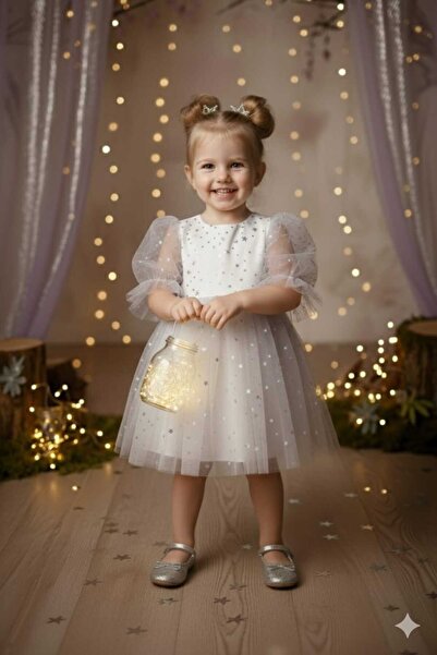 penu baby kids Φιόγκος με μοτίβο λευκού αστεριού Κοντό μανίκι με μπαλόνι Κοριτσίστικο φόρεμα για κοριτσάκι - αστέρι