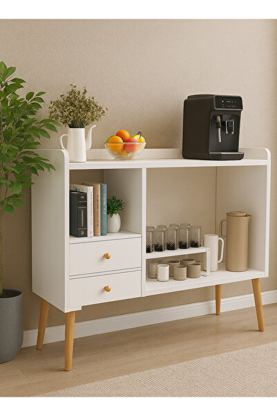 AGD خزانة زاوية القهوة - بوفيه تخزين جانبي عصري مع أدراج، أبيض