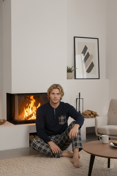 bie's Чоловічий темно-синій картатий малюнок, еластична бавовна, довгі рукави, зимовий інтерлок, кишені на грудях, піжамний комплект