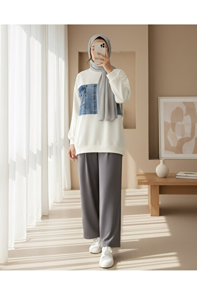 Modamorfo Round Neck Sweatshirt with Denim Pocket Detail on the Front - White