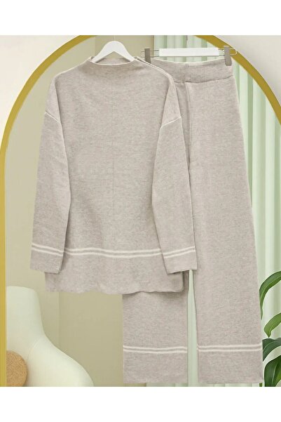 Modamorfo Skirt and Sleeve Striped Knitwear Set - Stone