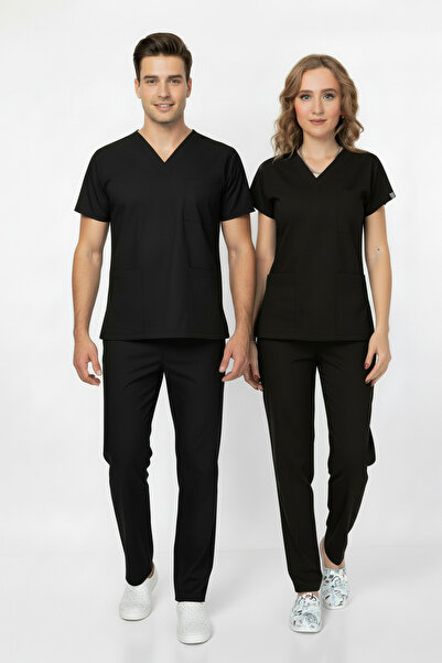 Nur Medikal Giyim Unisex Siyah Likralı Doktor Hastane Hemşire Forması Takımı Scrubs Greys