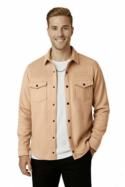 DeepSEA Ανδρικό πουκάμισο Camel από ύφασμα σουέτ που δεν ζαρωνθείται με τσέπες με κουμπωτά εφαρμοστό ελαφρύ 2302329