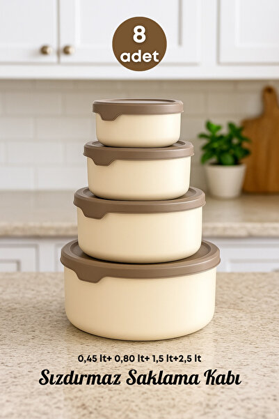 grimorlife 8 Leakproof Round Food Storage Containers 0.45 Lt+ 0.80 Lt+ 1.5 Lt+2.5 Lt. Beige