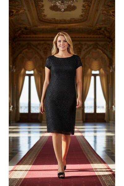 Nidya Moda Büyük Beden Siyah Dantel Abiye Elbise-4035ds