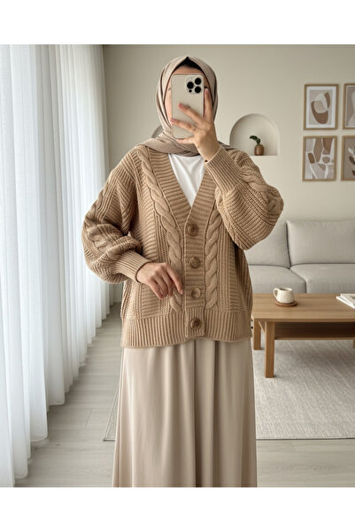 Modamorfo Knitted Pattern Buttoned Araboy Cardigan - Mink