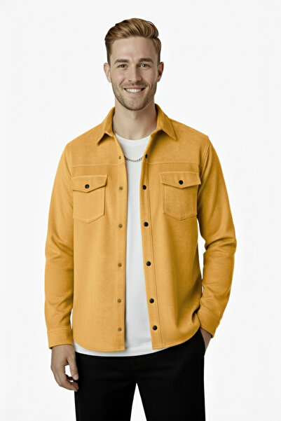DeepSEA Мъжка горчичножълта, негъвкава суедна риза с копчета, джобове и тясна кройка, подходяща за сезона 2302329