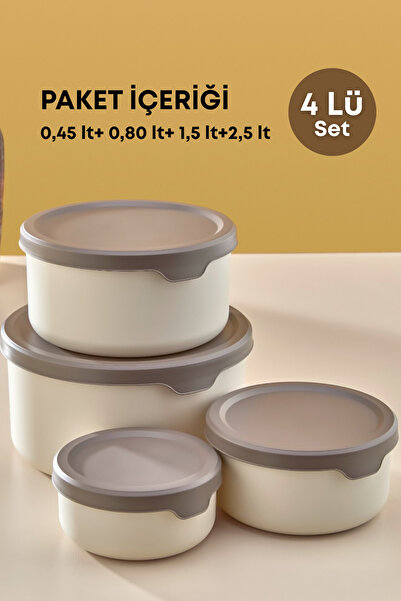 grimorlife 4 Leak-Proof Round Food Storage Containers 0.45 Lt + 0.80 Lt + 1.5 Lt + 2.5 Lt. Beige