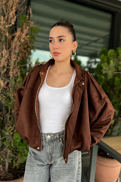 Rich Women's Brown Oversized Suede Bomber Jacket