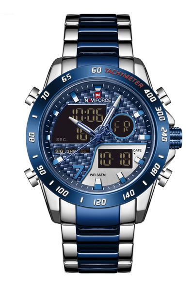 Naviforce ساعة يد رجالية من الفولاذ المقاوم للصدأ، تناظرية ورقمية، 45 مم