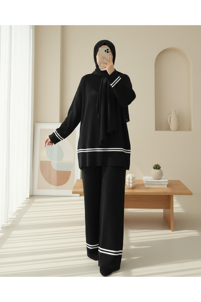 Modamorfo Skirt and Sleeve Striped Knitwear Set - Black