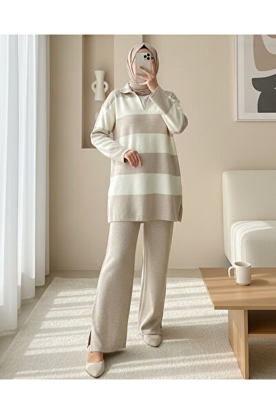 Modamorfo V-Neck Knitwear Set with Trousers - Stone