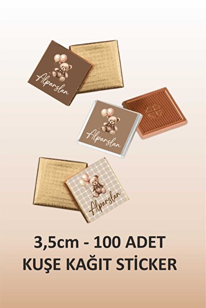 fırsatlar diyarı Pötikareli Ayıcık Tema Kare Çikolata Etiketi - Parlak Kuşe K...