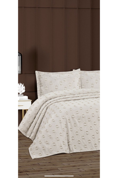 Lady London غطاء سرير بومبوم - موديل فلورا - 3 قطع مقاس مزدوج - لون كريمي