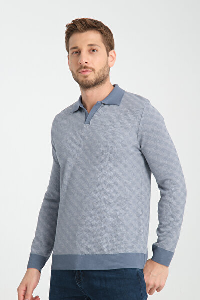 GW Ανδρικό πλεκτό πουλόβερ με μακρυμάνικο γιακά πόλο Marino εφαρμοστό - Μπλε