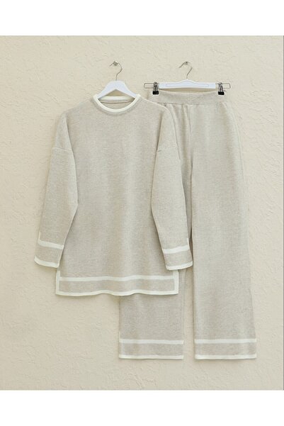 Modamorfo Double Knitwear Set with Cuffs and Stripes - Stone