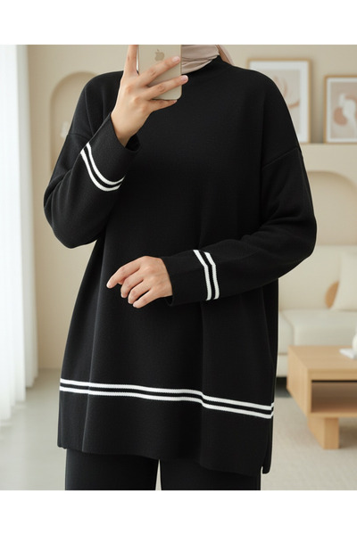 Modamorfo Skirt and Sleeve Striped Knitwear Set - Black