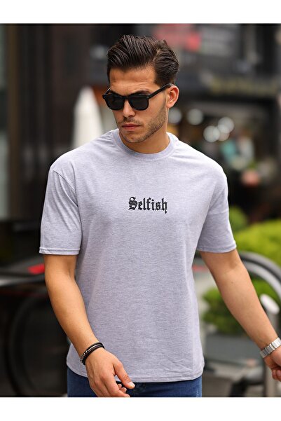comstar Men's Selfish Text Print Oversize Summer Gray T-Shirt