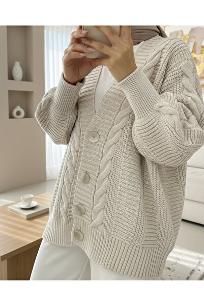 Modamorfo Knitted pattern buttoned araboy cardigan -stone